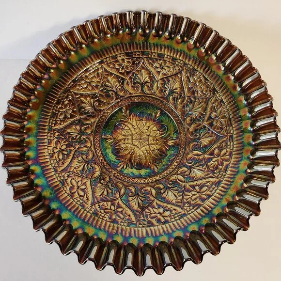 Fenton Carnival Glass Bowl Iridescent Ruffled Edge Hearts Pattern 11" Bowl - Picture 3 of 12